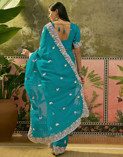 Turquoise Blue Shimmer Embroidery Saree