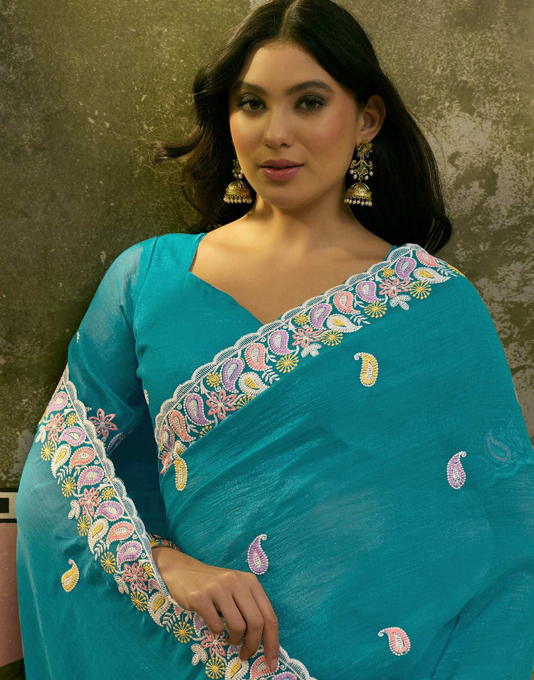 Turquoise Blue Shimmer Embroidery Saree