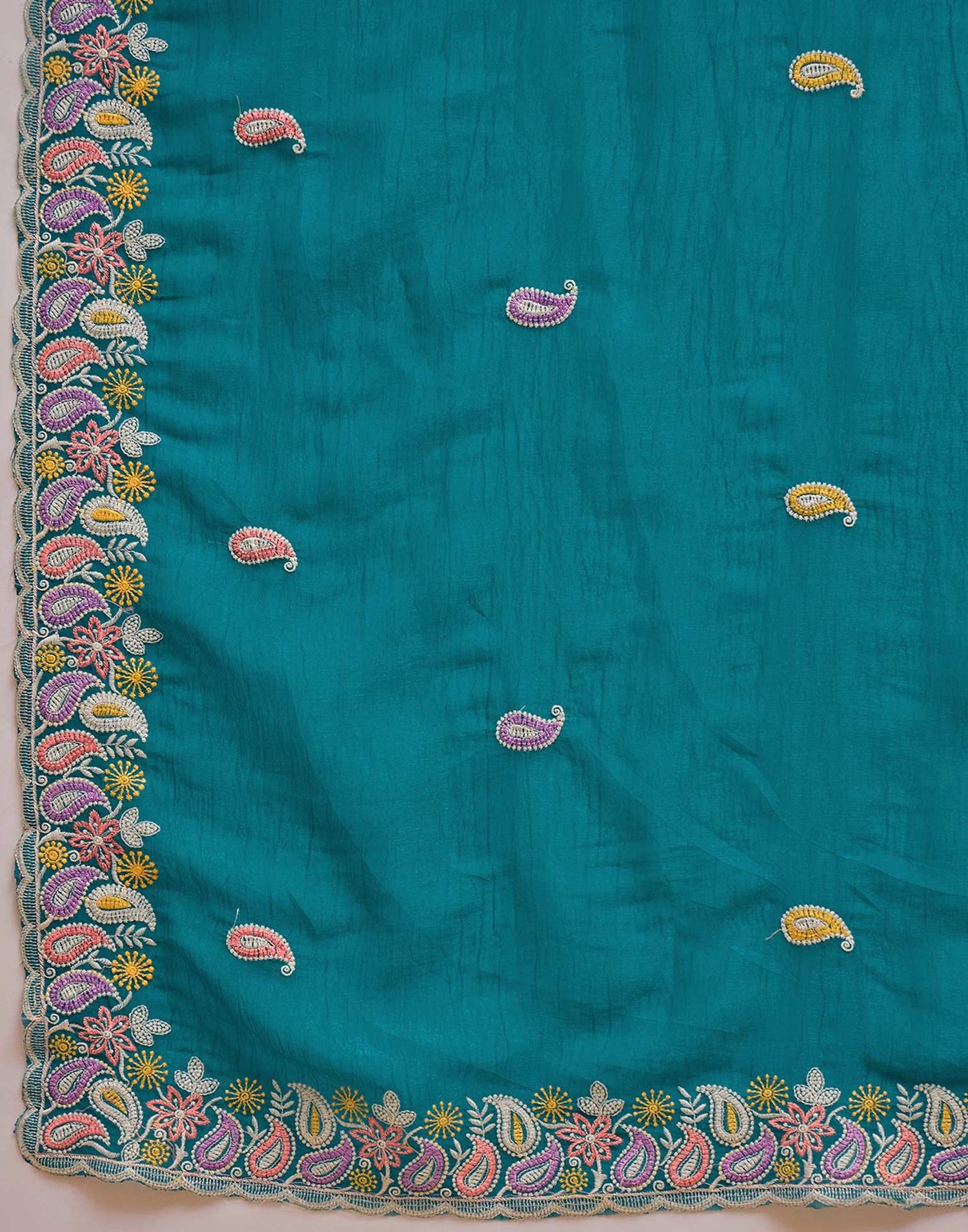 Turquoise Blue Shimmer Embroidery Saree