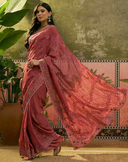 Dusty Rose Pink Shimmer Embroidery Saree
