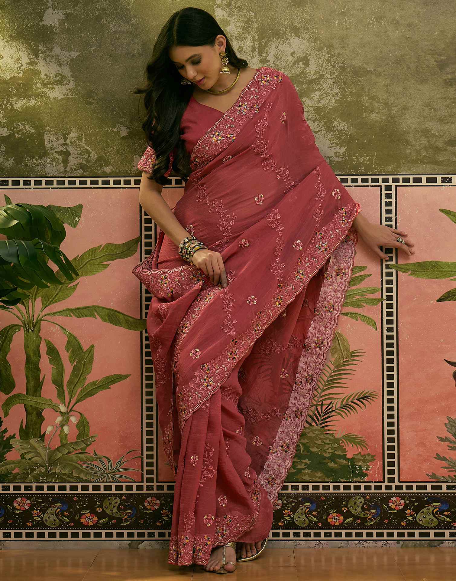 Dusty Rose Pink Shimmer Embroidery Saree