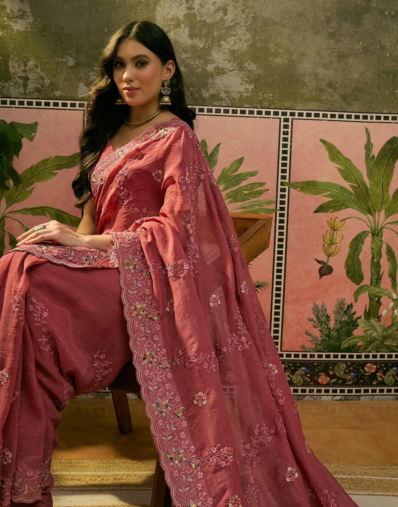 Dusty Rose Pink Shimmer Embroidery Saree