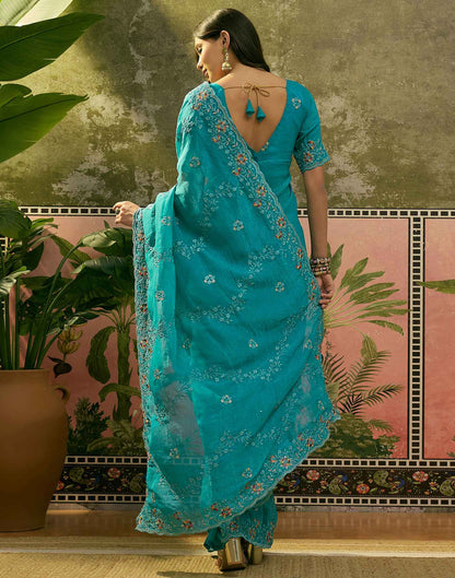 Turquoise Shimmer Embroidery Saree