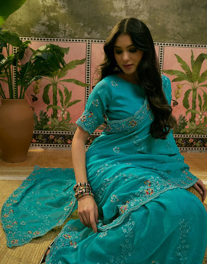 Turquoise Shimmer Embroidery Saree
