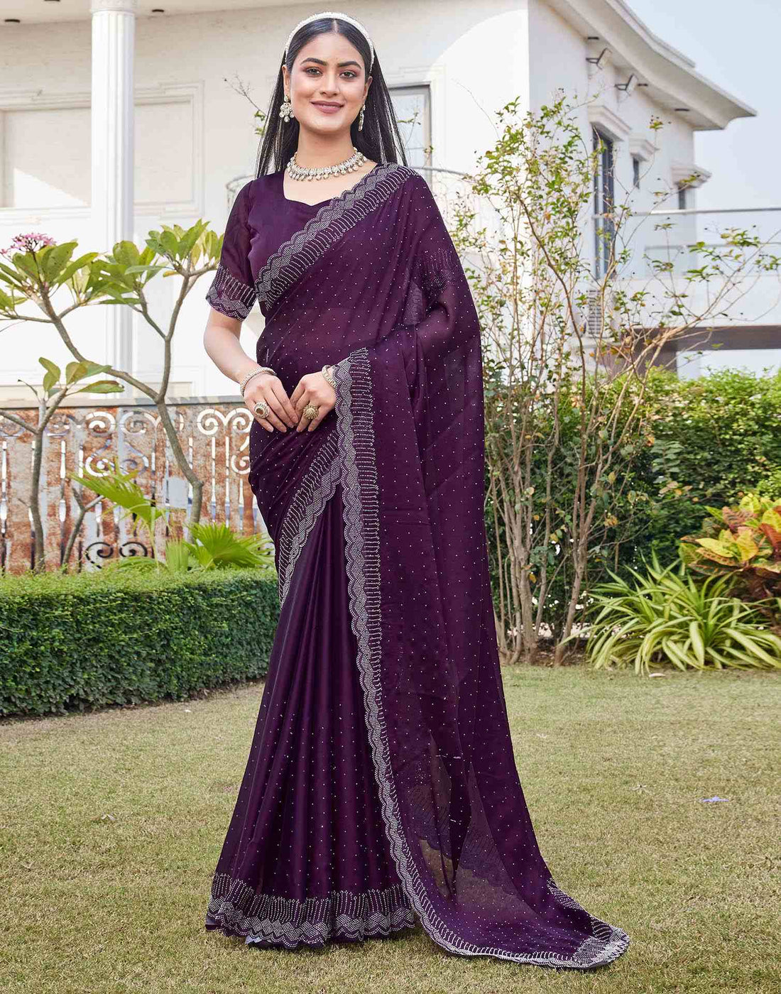 Wine Silk Stone Work Swarovski Saree