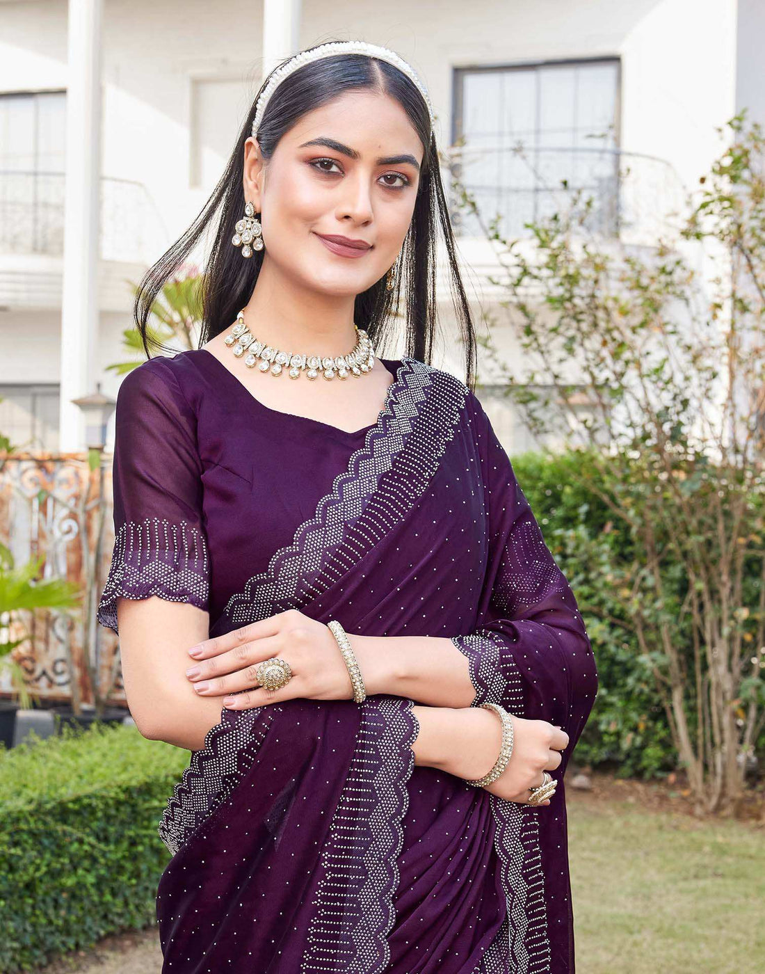 Wine Silk Stone Work Swarovski Saree