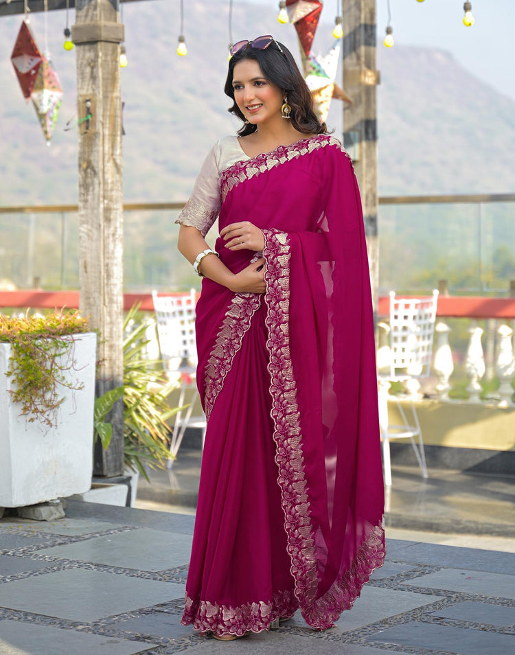 Rani Pink Shimmer Georgette Embroidery Saree