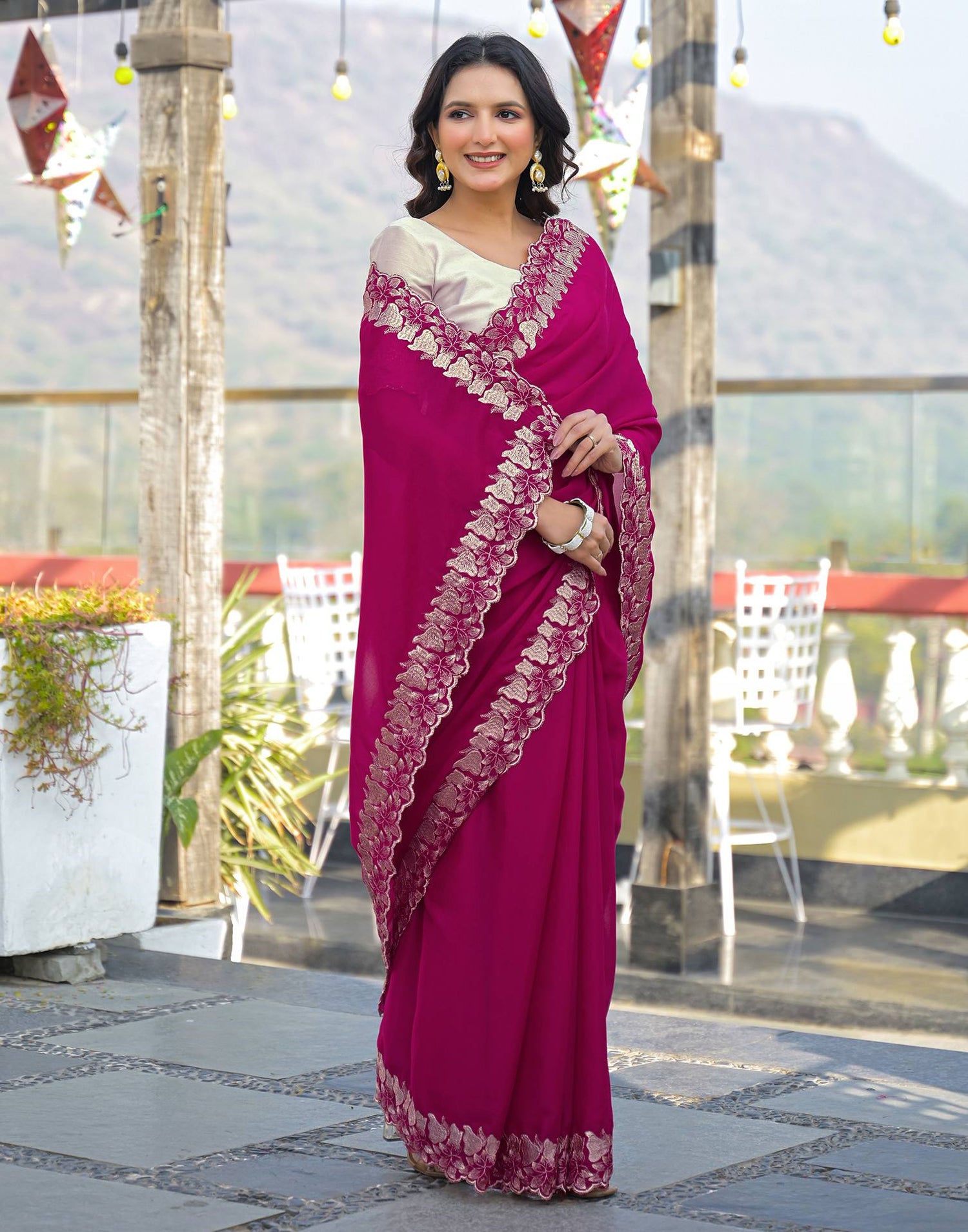 Rani Pink Shimmer Georgette Embroidery Saree