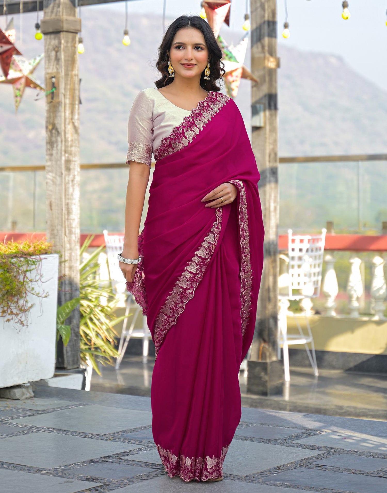 Rani Pink Shimmer Georgette Embroidery Saree