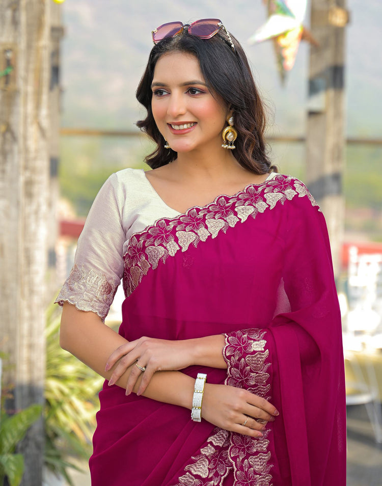 Rani Pink Shimmer Georgette Embroidery Saree