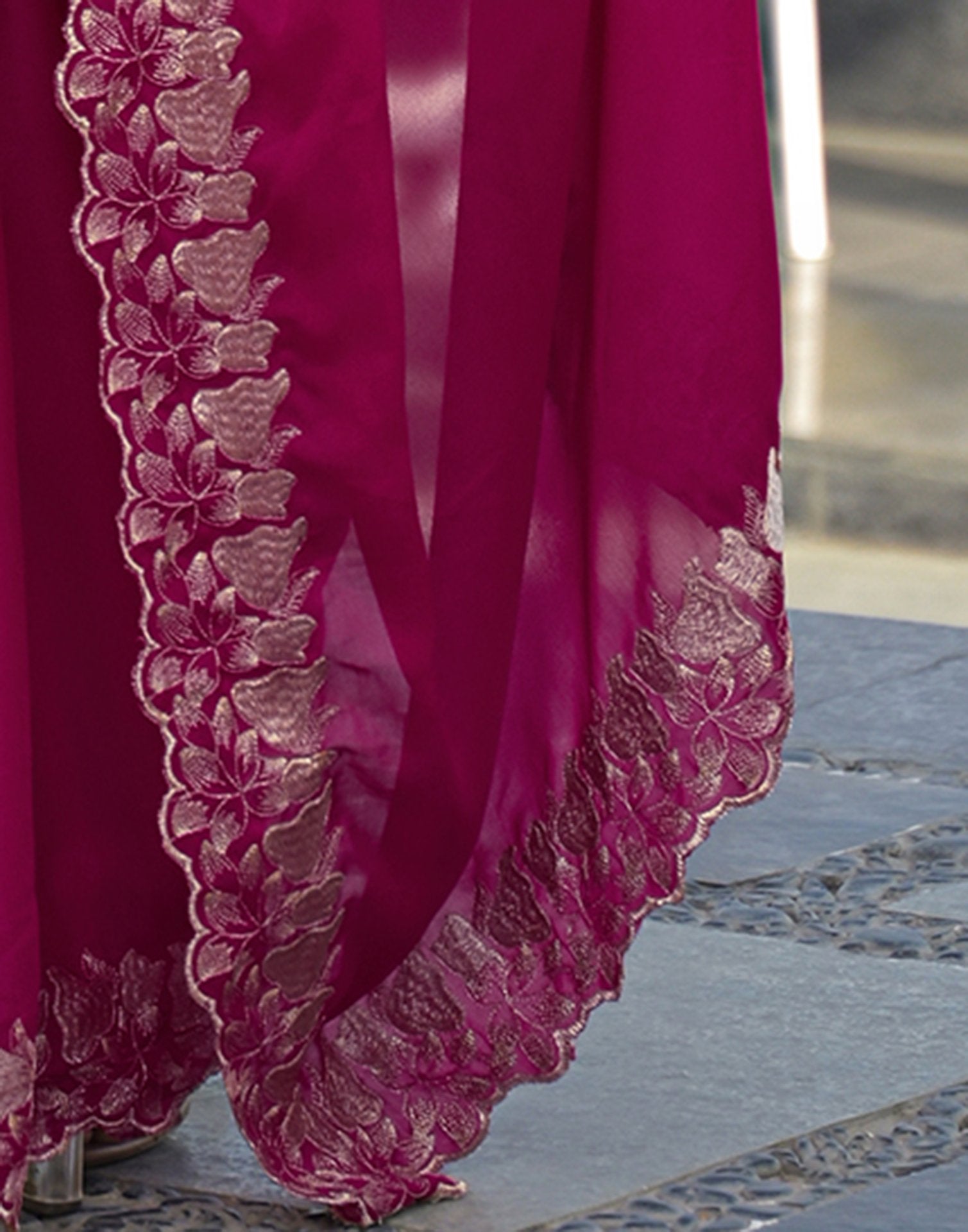 Rani Pink Shimmer Georgette Embroidery Saree