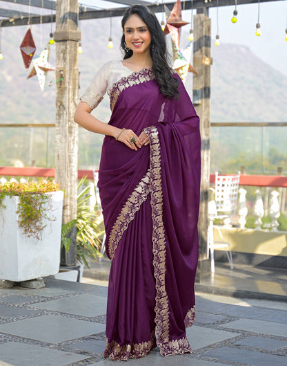 Wine Shimmer Georgette Embroidery Saree