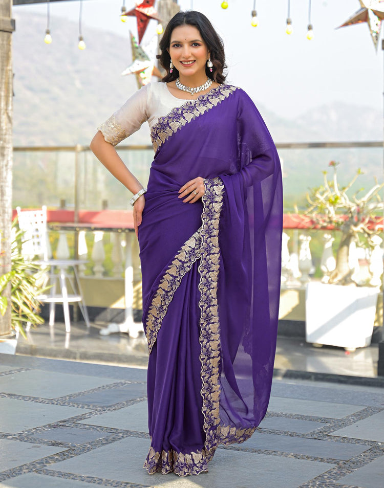 Purple Shimmer Georgette Embroidery Saree