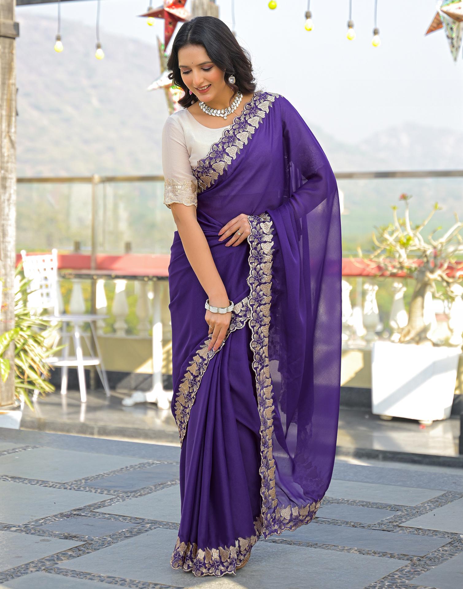 Purple Shimmer Georgette Embroidery Saree