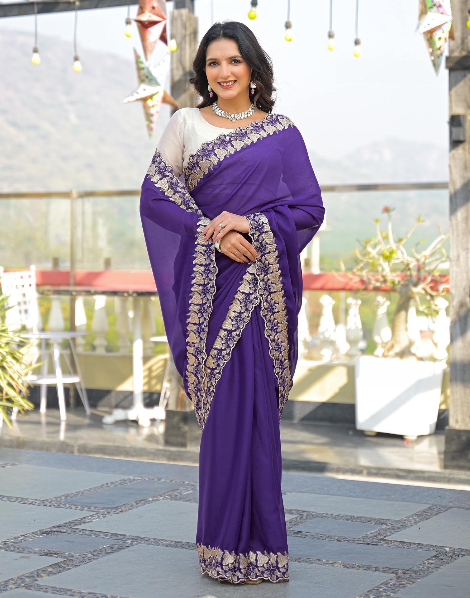 Purple Shimmer Georgette Embroidery Saree