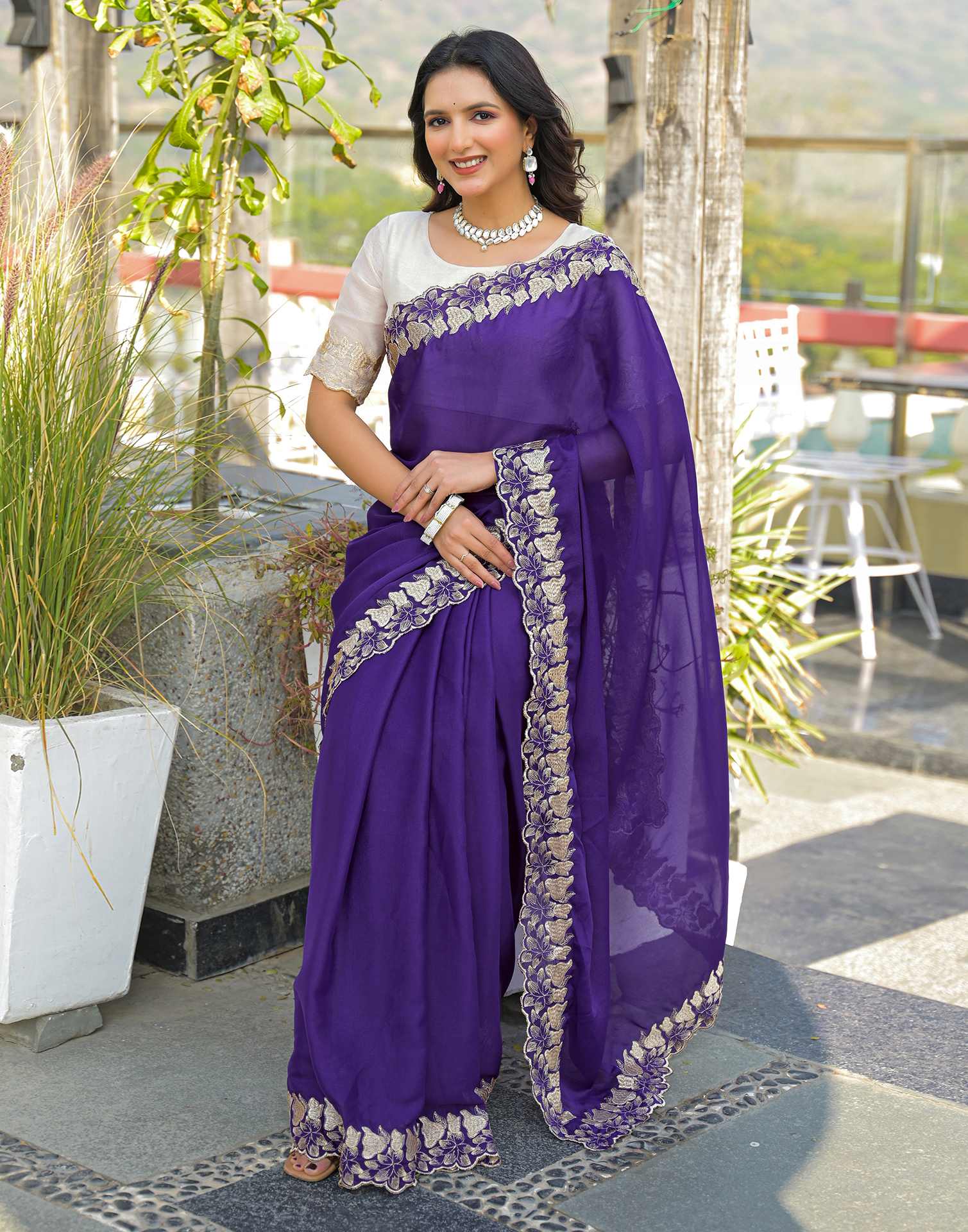 Purple Shimmer Georgette Embroidery Saree