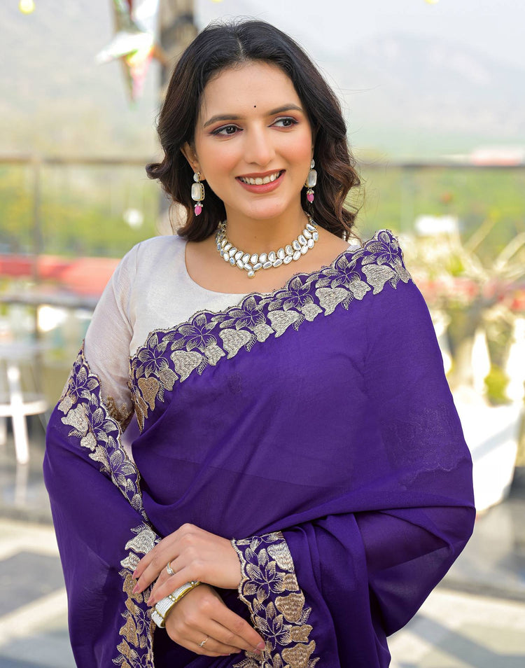 Purple Shimmer Georgette Embroidery Saree