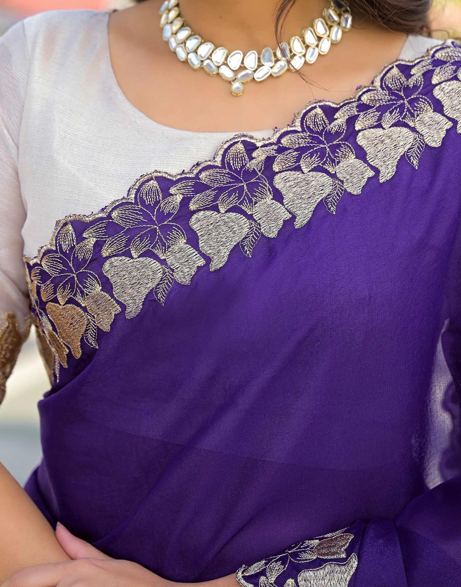 Purple Shimmer Georgette Embroidery Saree