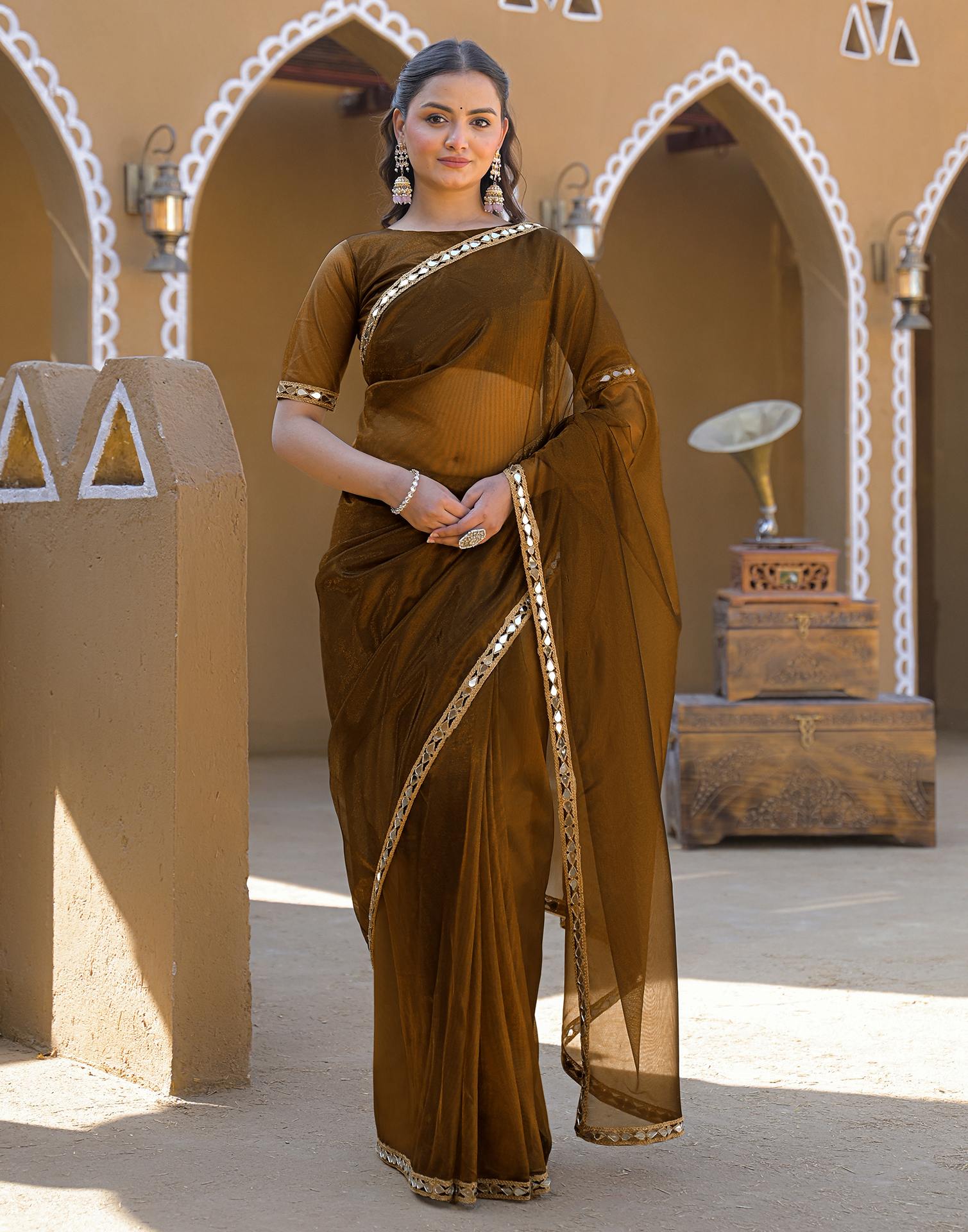 Coffee Brown Net Mirror Work Lace Saree