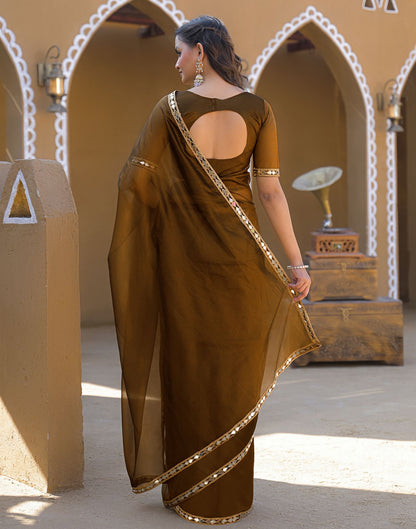 Coffee Brown Net Mirror Work Lace Saree