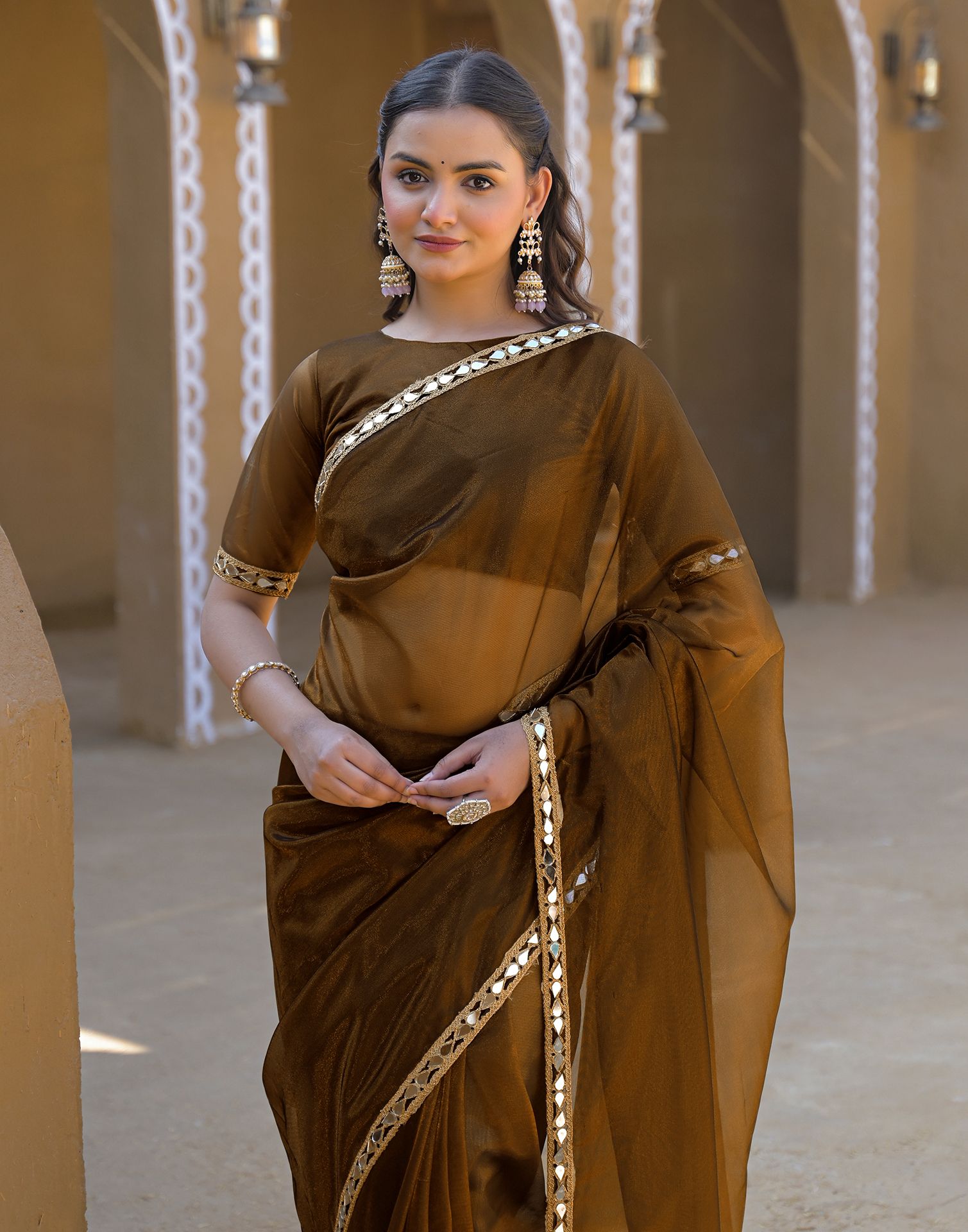 Coffee Brown Net Mirror Work Lace Saree