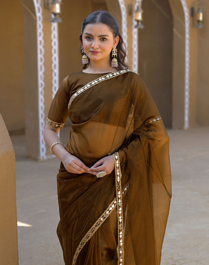 Coffee Brown Net Mirror Work Lace Saree