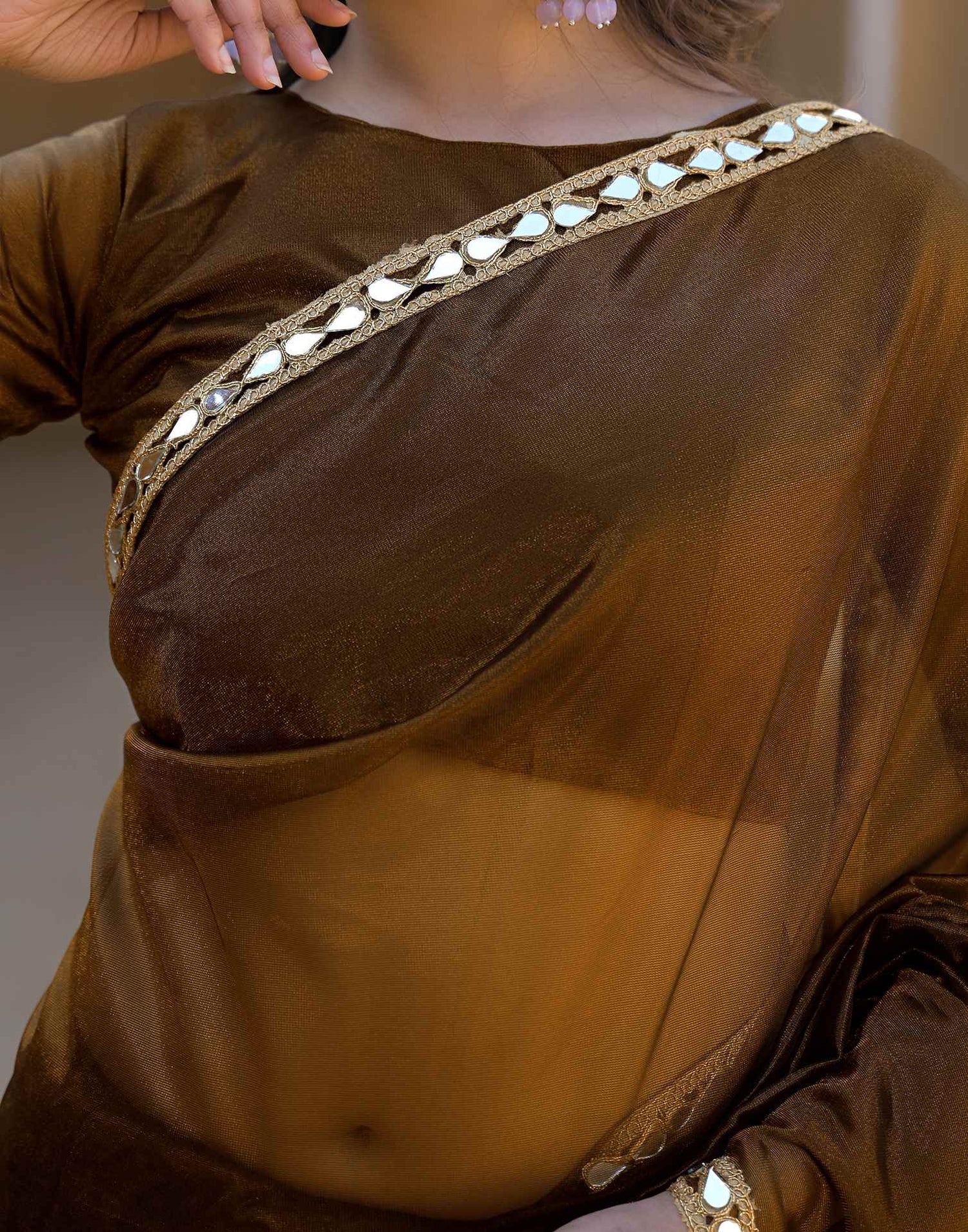 Coffee Brown Net Mirror Work Lace Saree