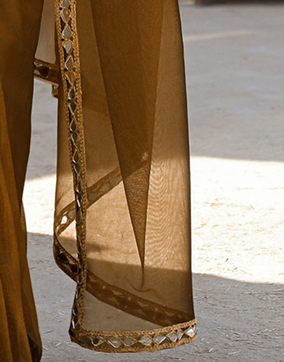 Coffee Brown Net Mirror Work Lace Saree