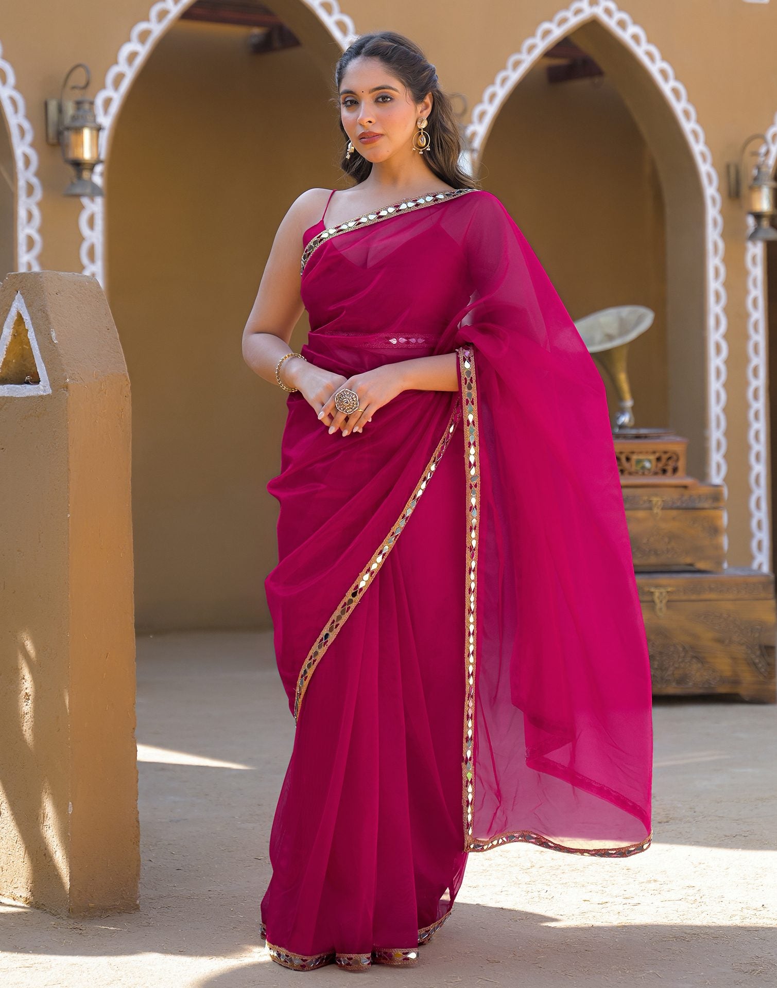 Rani Pink Net Mirror Work Lace Saree