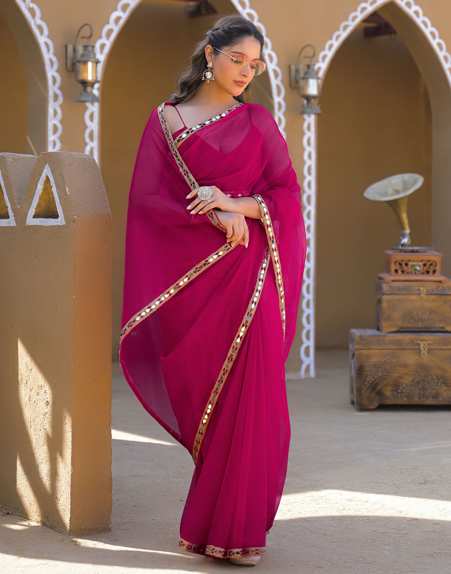 Rani Pink Net Mirror Work Lace Saree