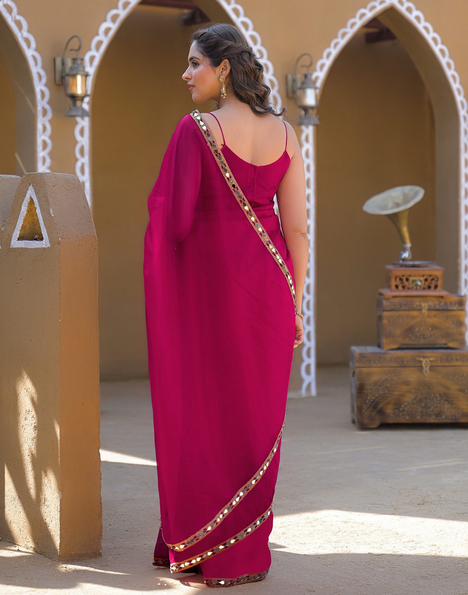 Rani Pink Net Mirror Work Lace Saree