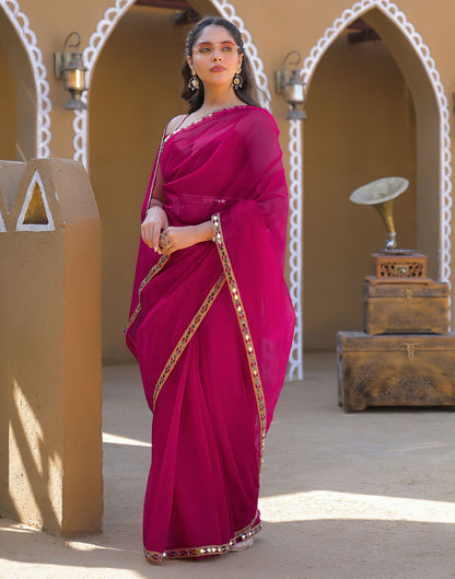 Rani Pink Net Mirror Work Lace Saree