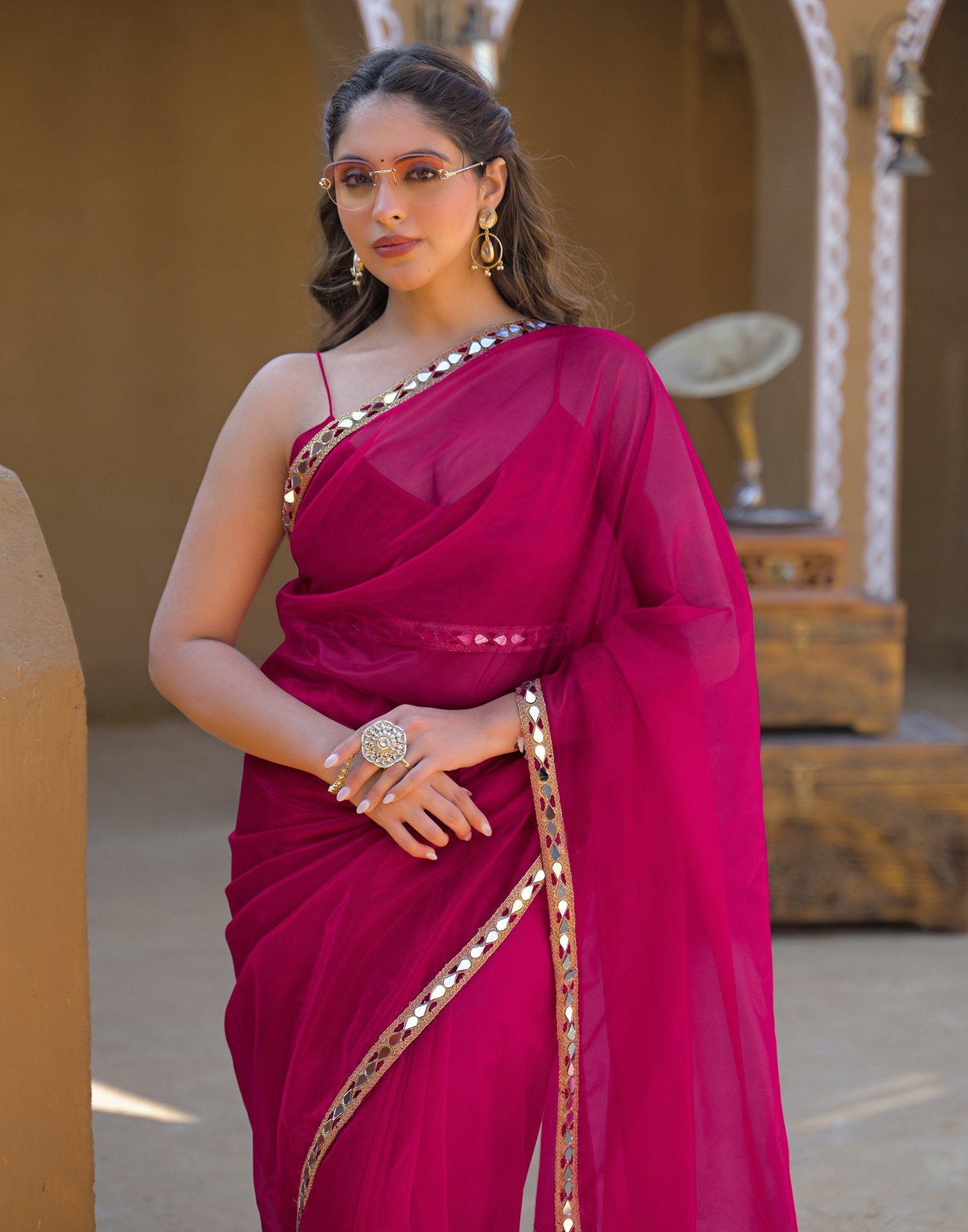 Rani Pink Net Mirror Work Lace Saree