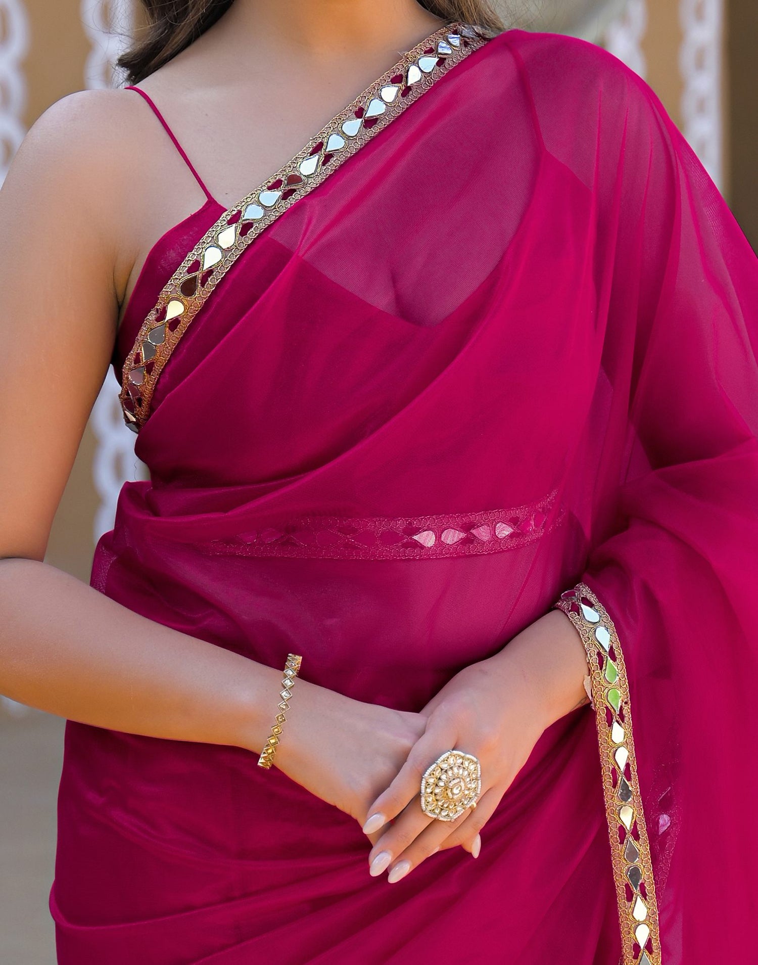 Rani Pink Net Mirror Work Lace Saree