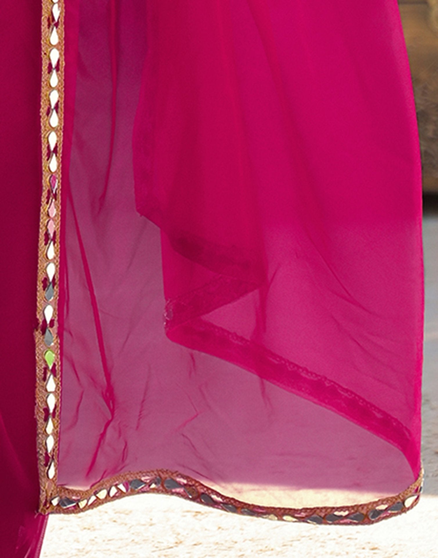 Rani Pink Net Mirror Work Lace Saree