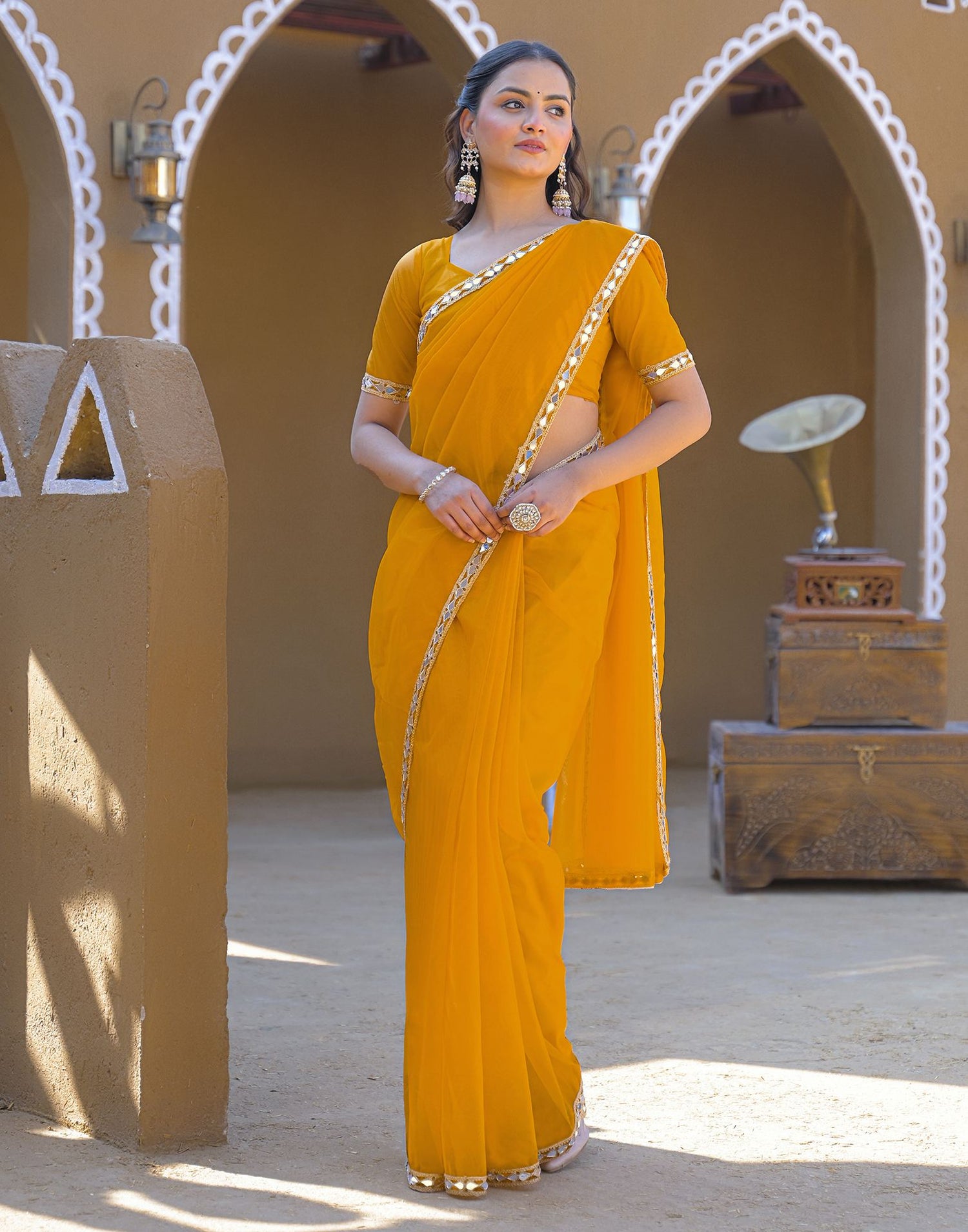 Yellow Net Mirror Work Lace Saree