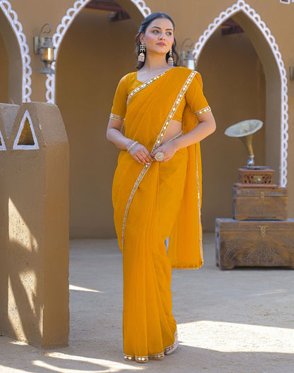 Yellow Net Mirror Work Lace Saree