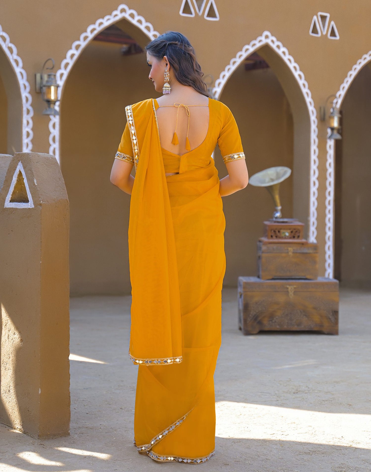 Yellow Net Mirror Work Lace Saree