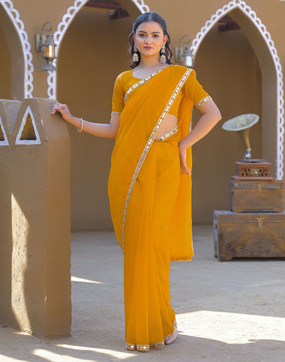 Yellow Net Mirror Work Lace Saree