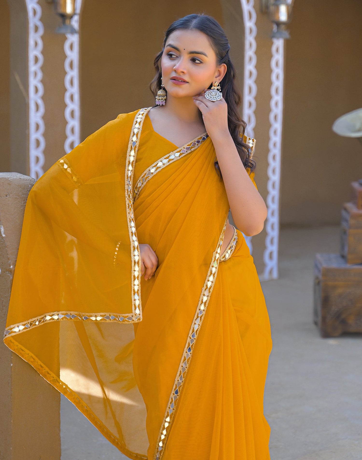 Yellow Net Mirror Work Lace Saree