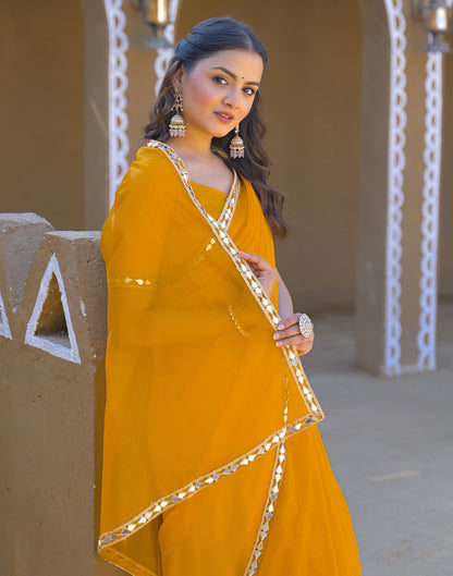 Yellow Net Mirror Work Lace Saree