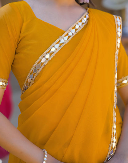 Yellow Net Mirror Work Lace Saree