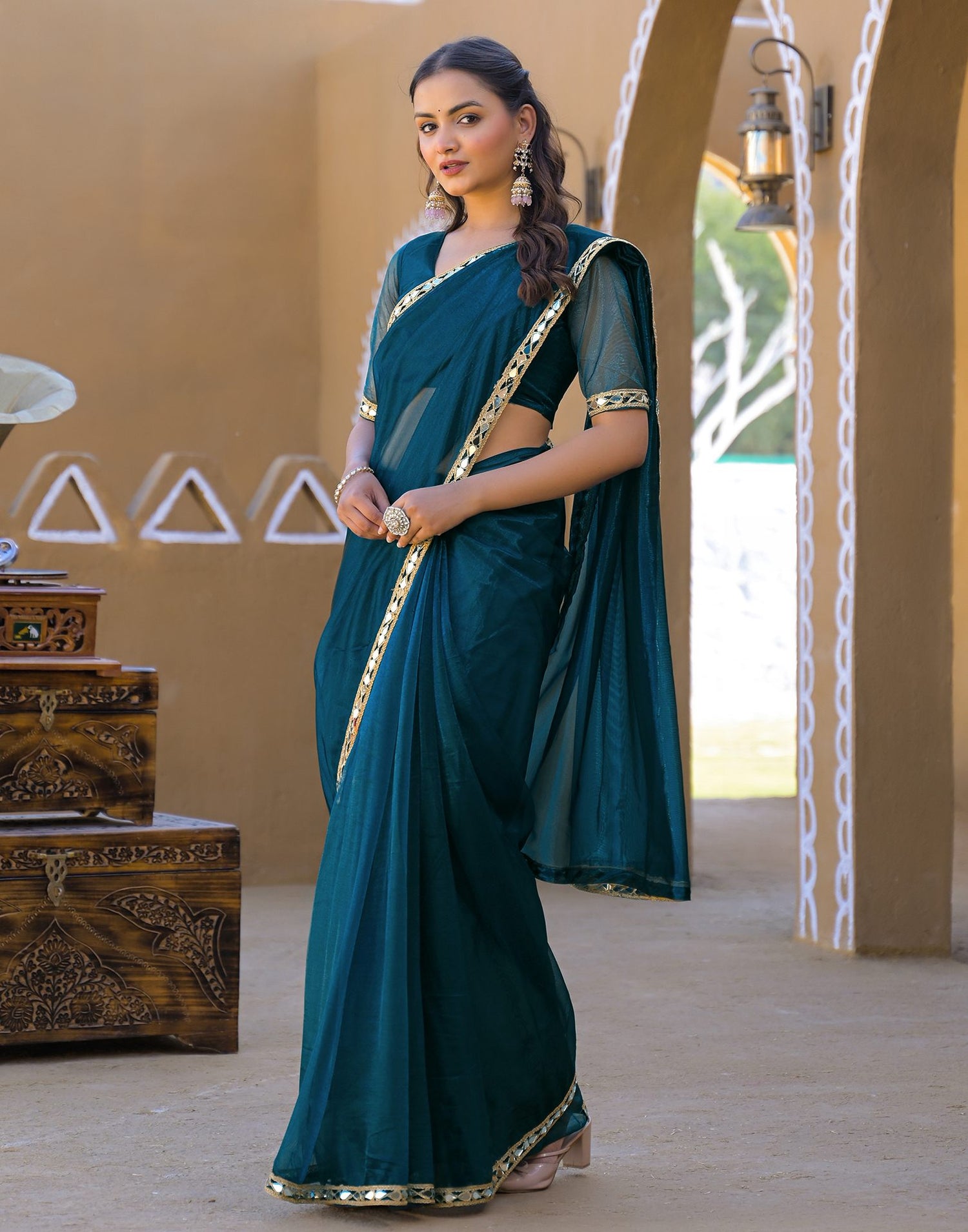 Rama Blue Net Mirror Work Lace Saree