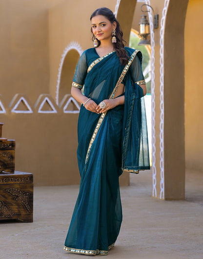Rama Blue Net Mirror Work Lace Saree