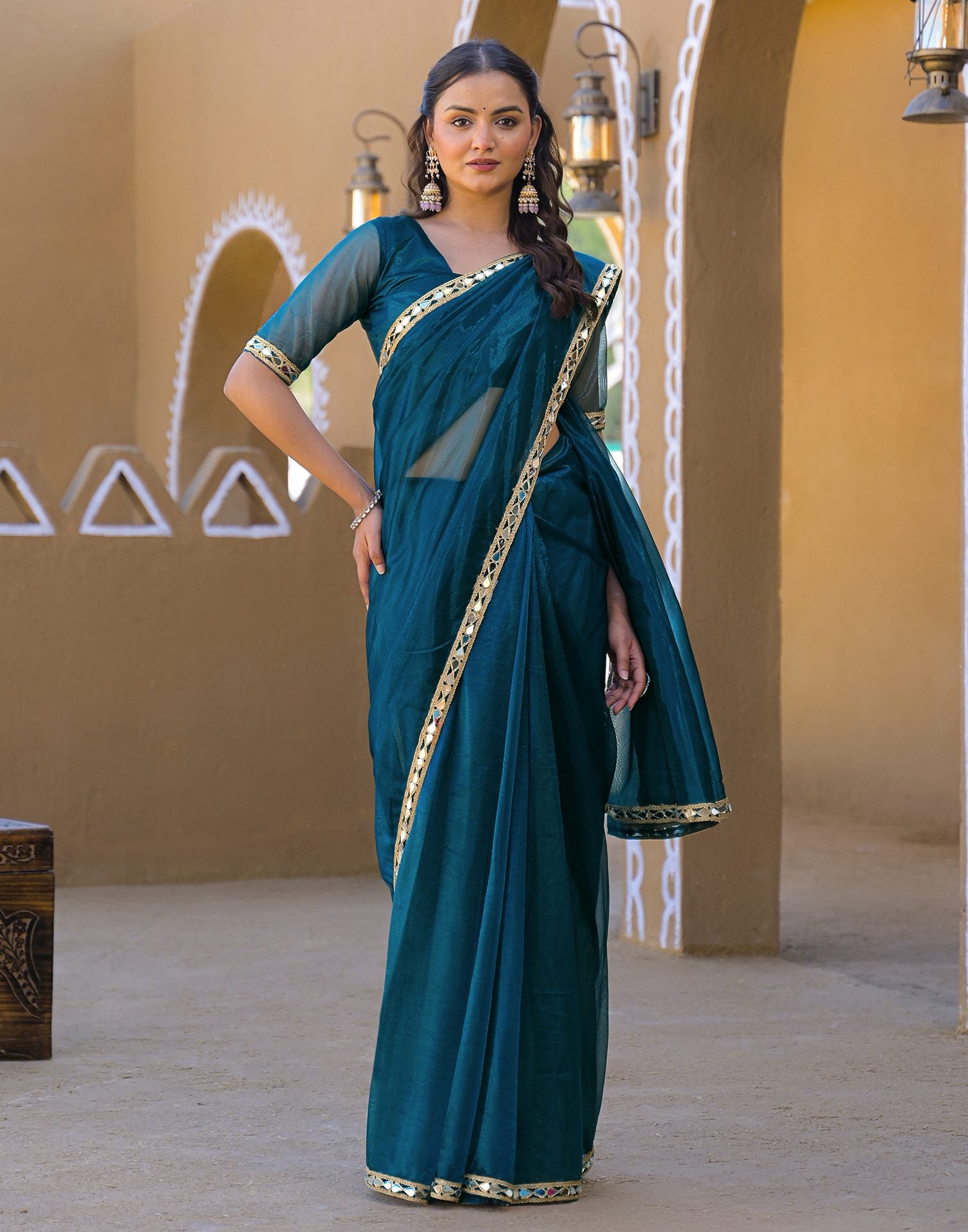 Rama Blue Net Mirror Work Lace Saree