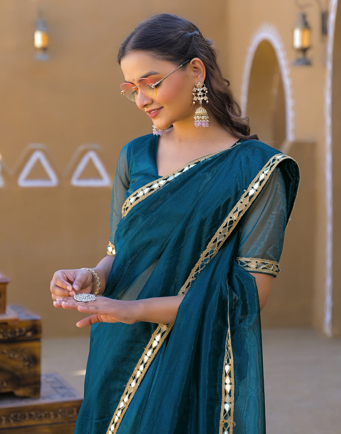 Rama Blue Net Mirror Work Lace Saree