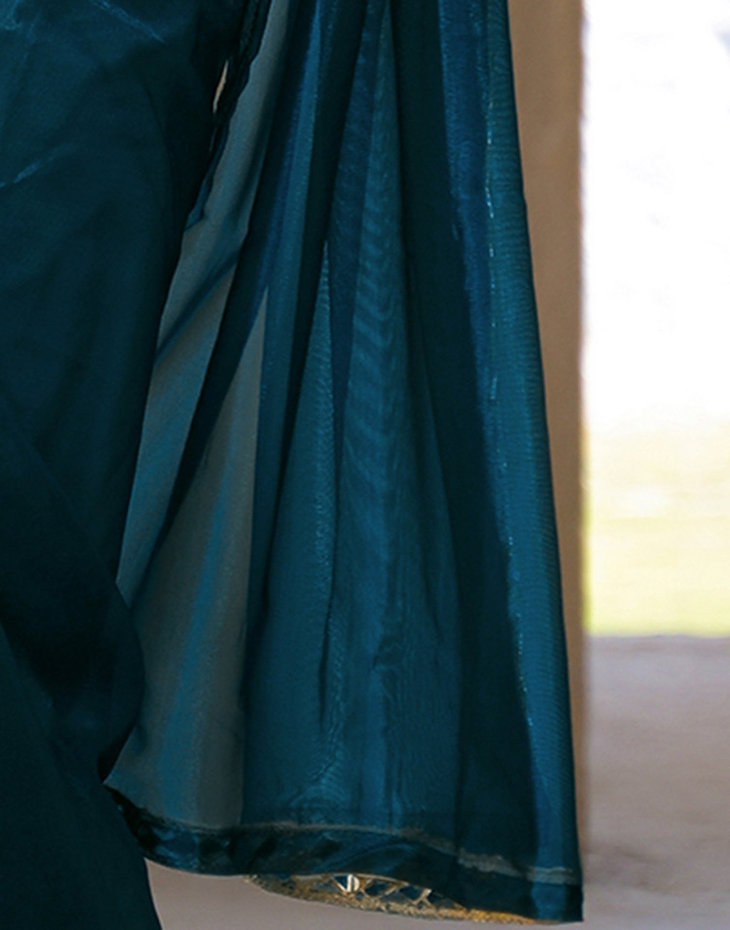 Rama Blue Net Mirror Work Lace Saree