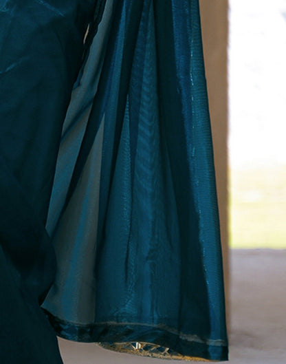 Rama Blue Net Mirror Work Lace Saree