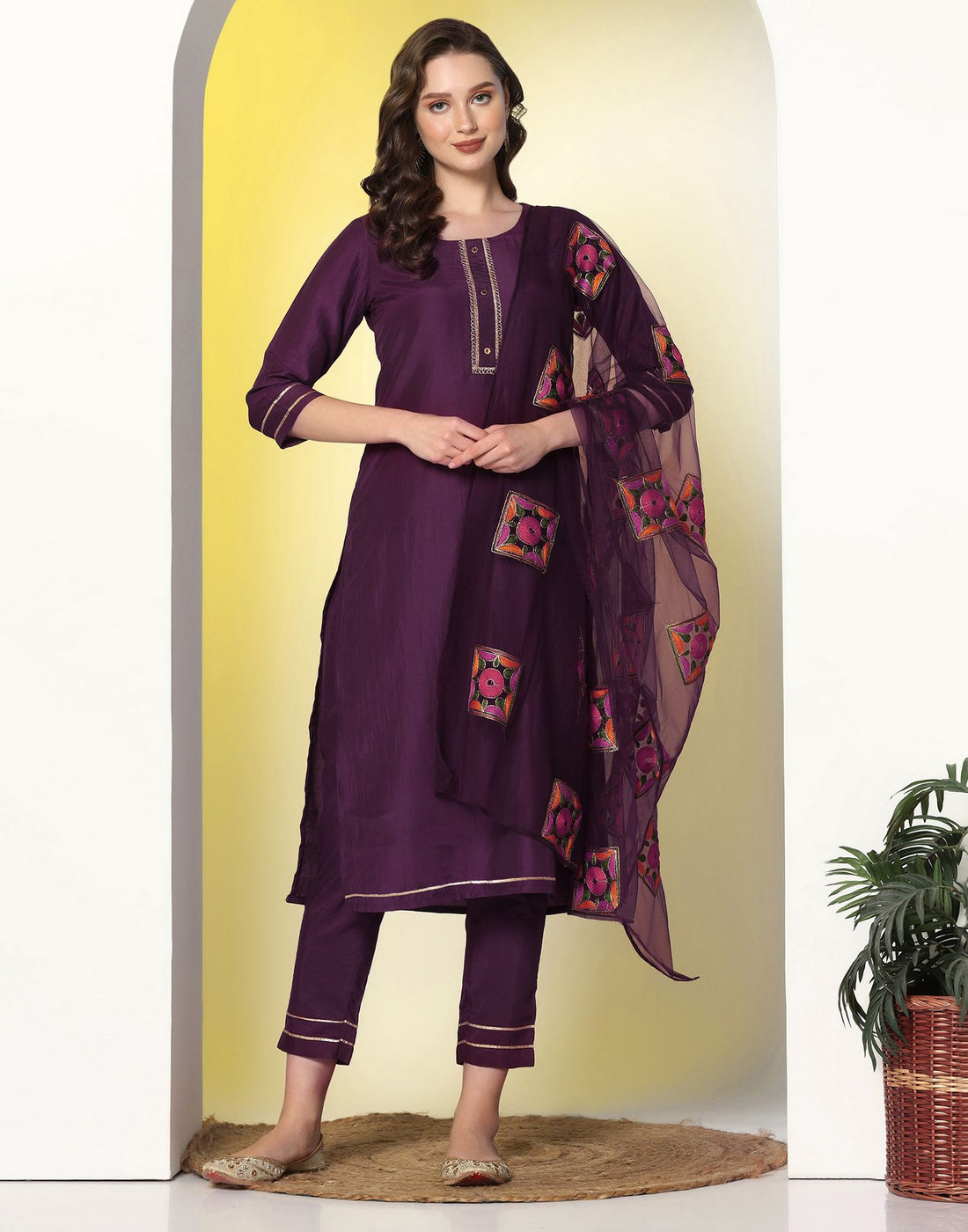 Wine Plain Chinnon Straight Kurta Set With Dupatta