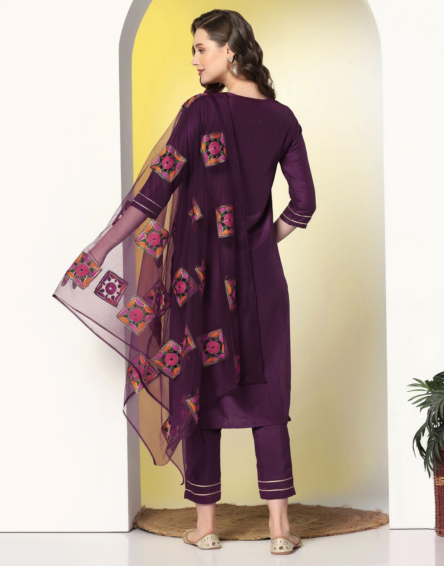 Wine Plain Chinnon Straight Kurta Set With Dupatta